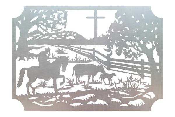 Metal Sign with praying cowboy scene customized with you text 36” wide