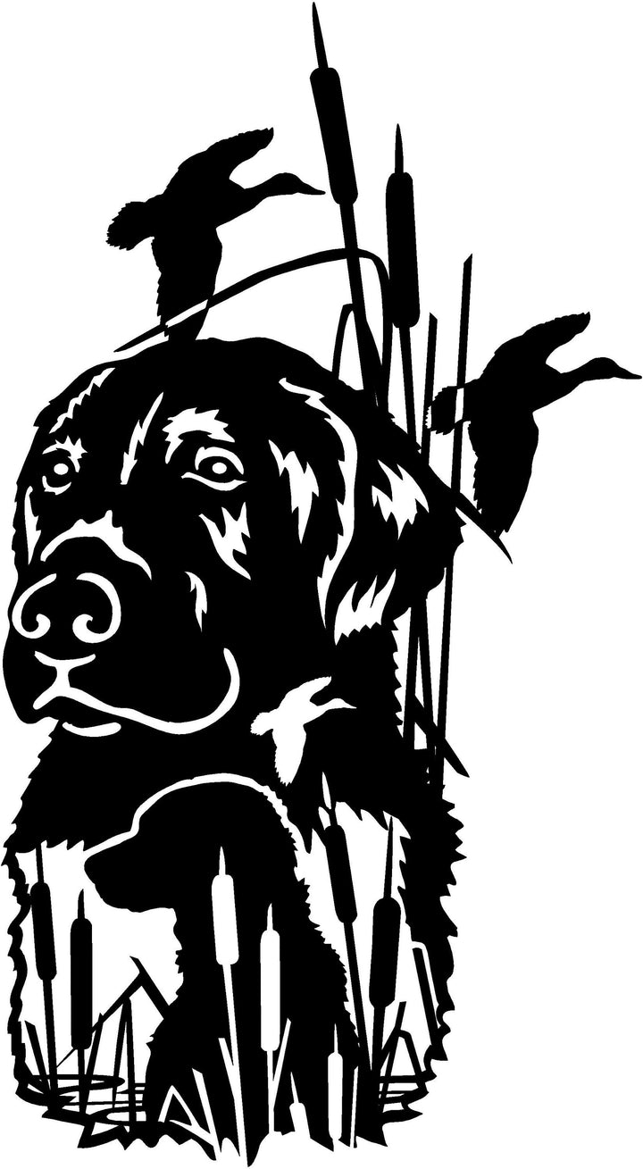 Metal Sign with lab duck hunting scene 36” tall and 23” wide exterior with powder coating