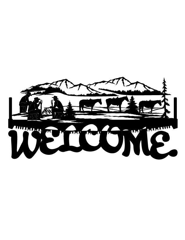 4ft Metal Sign with WELCOME cowboy horse scene