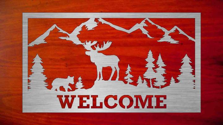 Metal Sign with WELCOME or custom with your name moose scene 36" wide