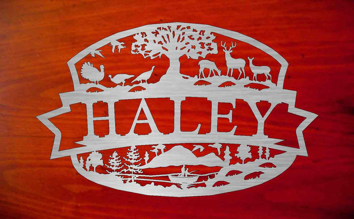 Custom Metal Sign with hunting scene with turkey and deer customized with your name