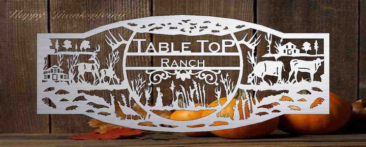 Metal Sign with cow and wildlife customized with your name large ranch sign 72” wide