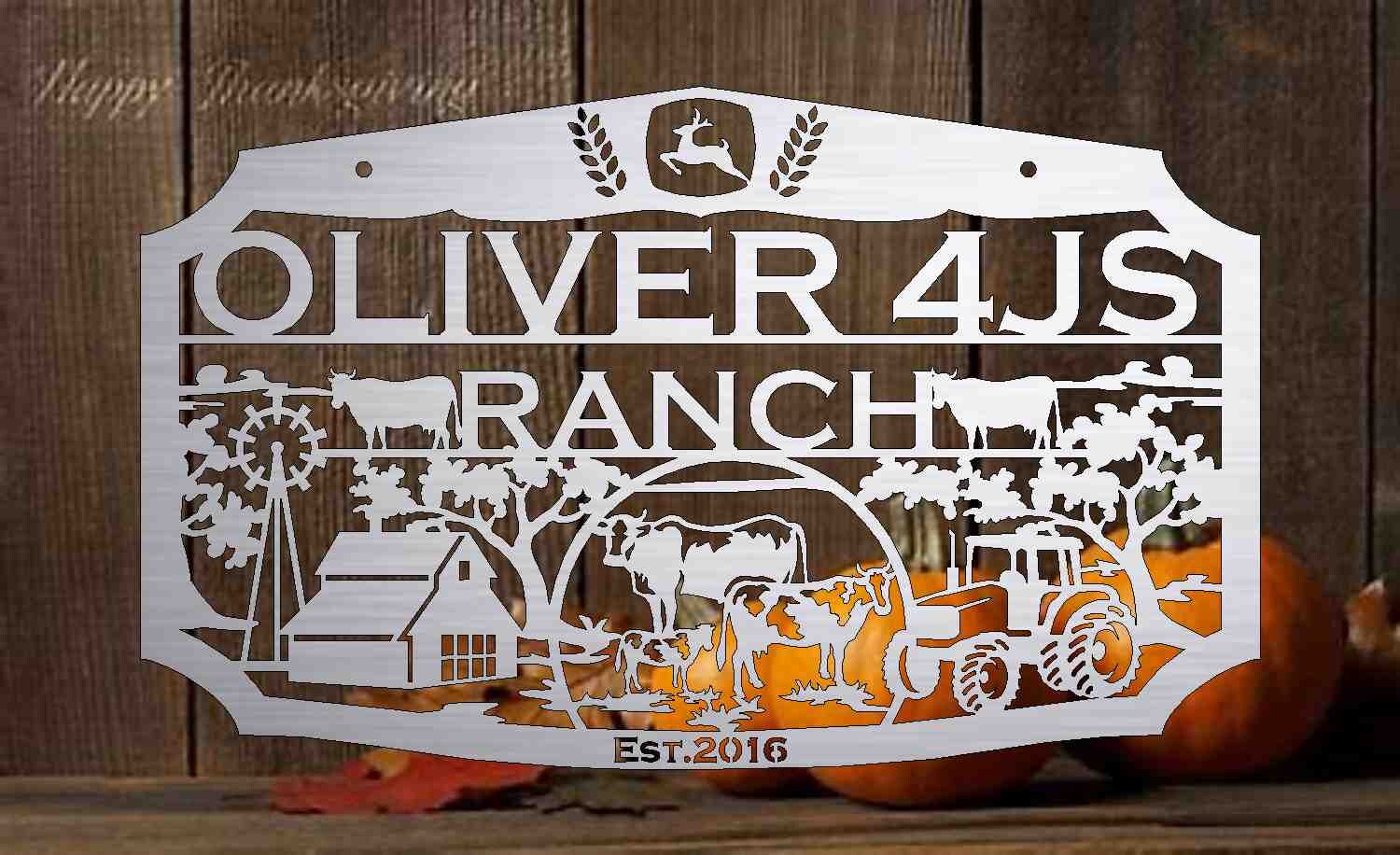 Ranch sign,Gate sign 3ft Metal Sign,personalized,driveway,wildlife, barn,cows,tractor with barn customized with your name 30357