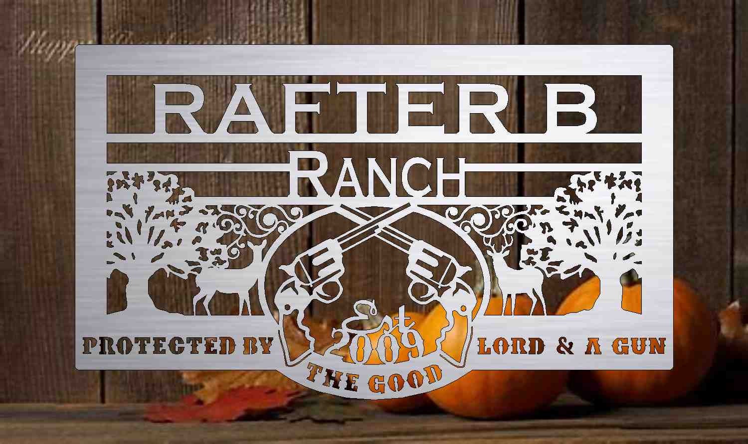 Custom Metal Sign with deer and guns customized with your name 3' wide 10ga heavy metal with exterior powder coating