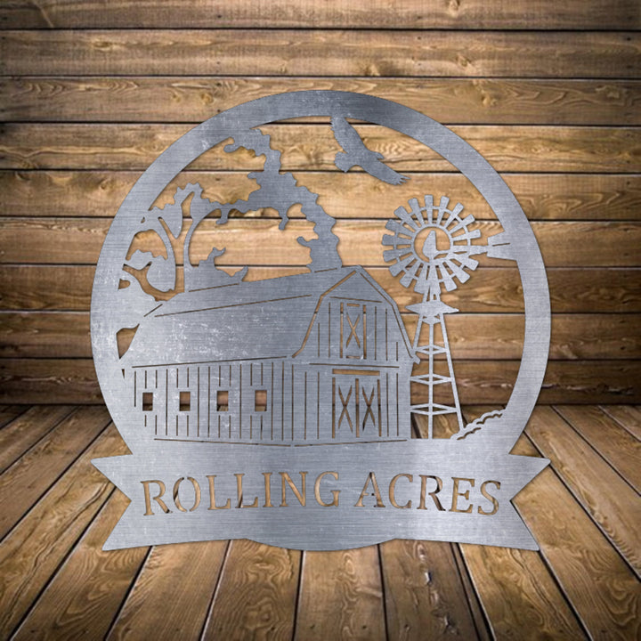 Welcome sign,ranch sign, barn,windmill,trees,welcome,3ft Metal Sign with farm scene windmill customized with your name