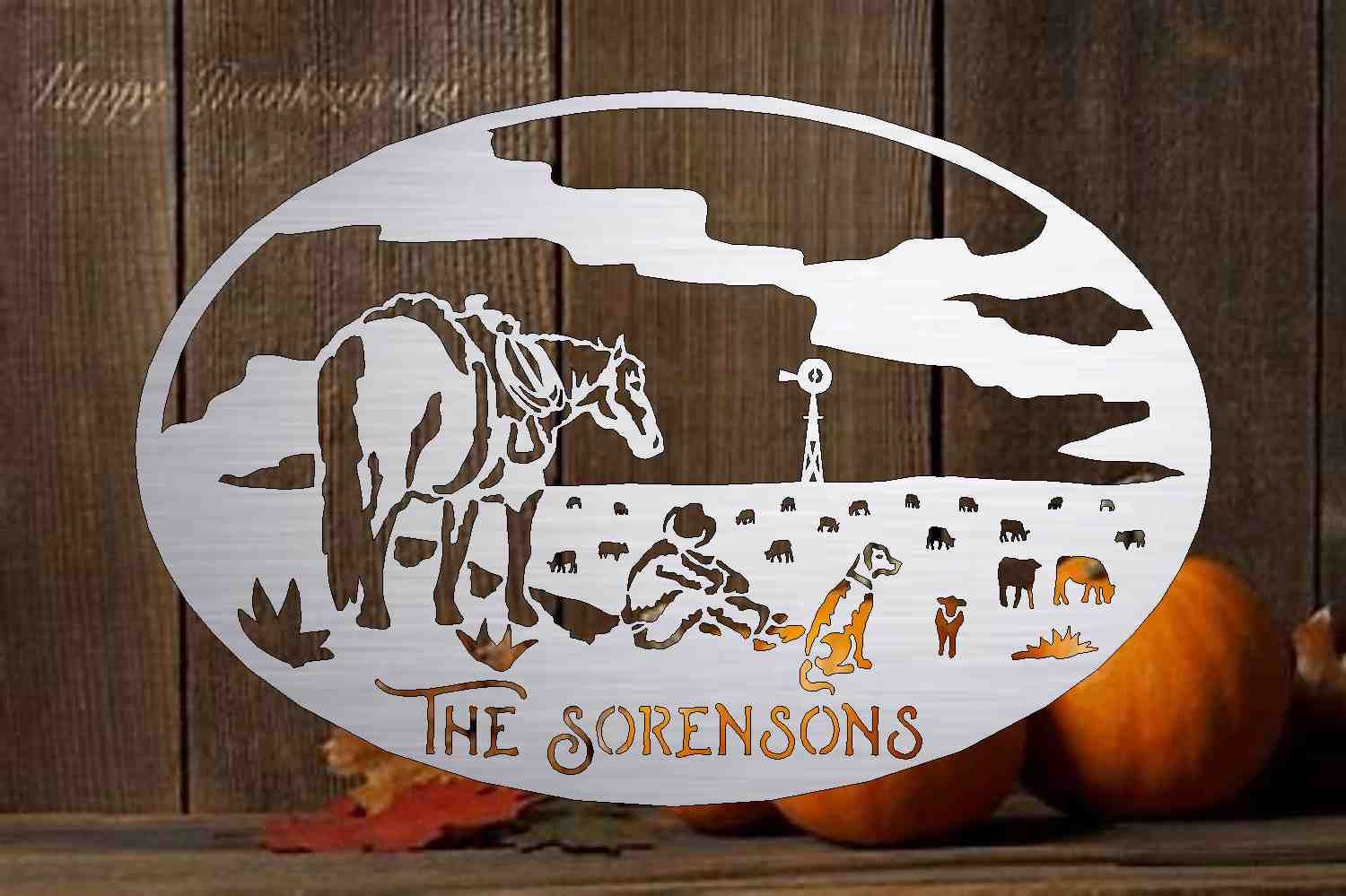 HORSE FARM scene customized with your name 3ft Metal Sign 10ga heavy steel 15100