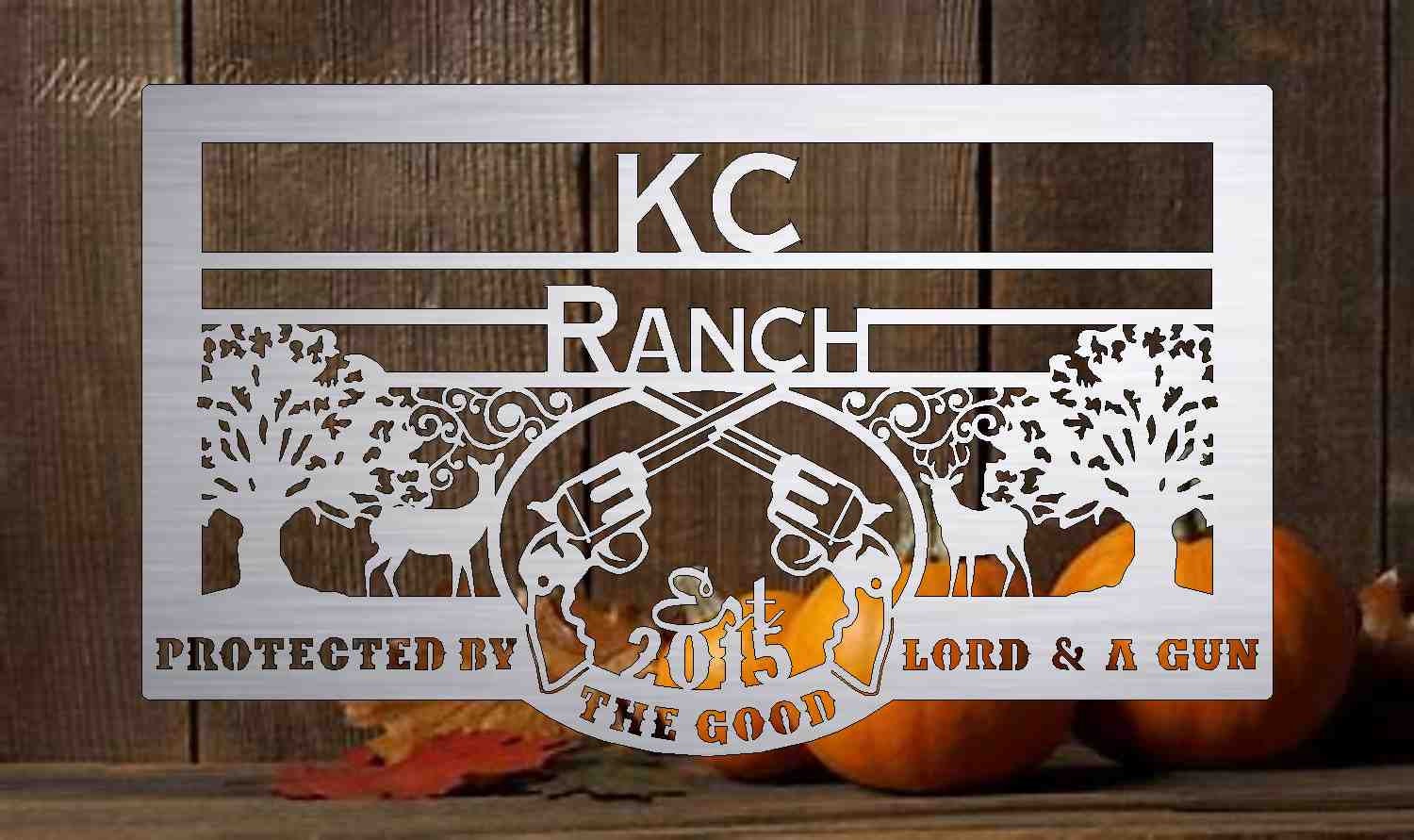 Custom Metal Sign with deer and guns customized with your name 3' wide 10ga heavy metal with exterior powder coating