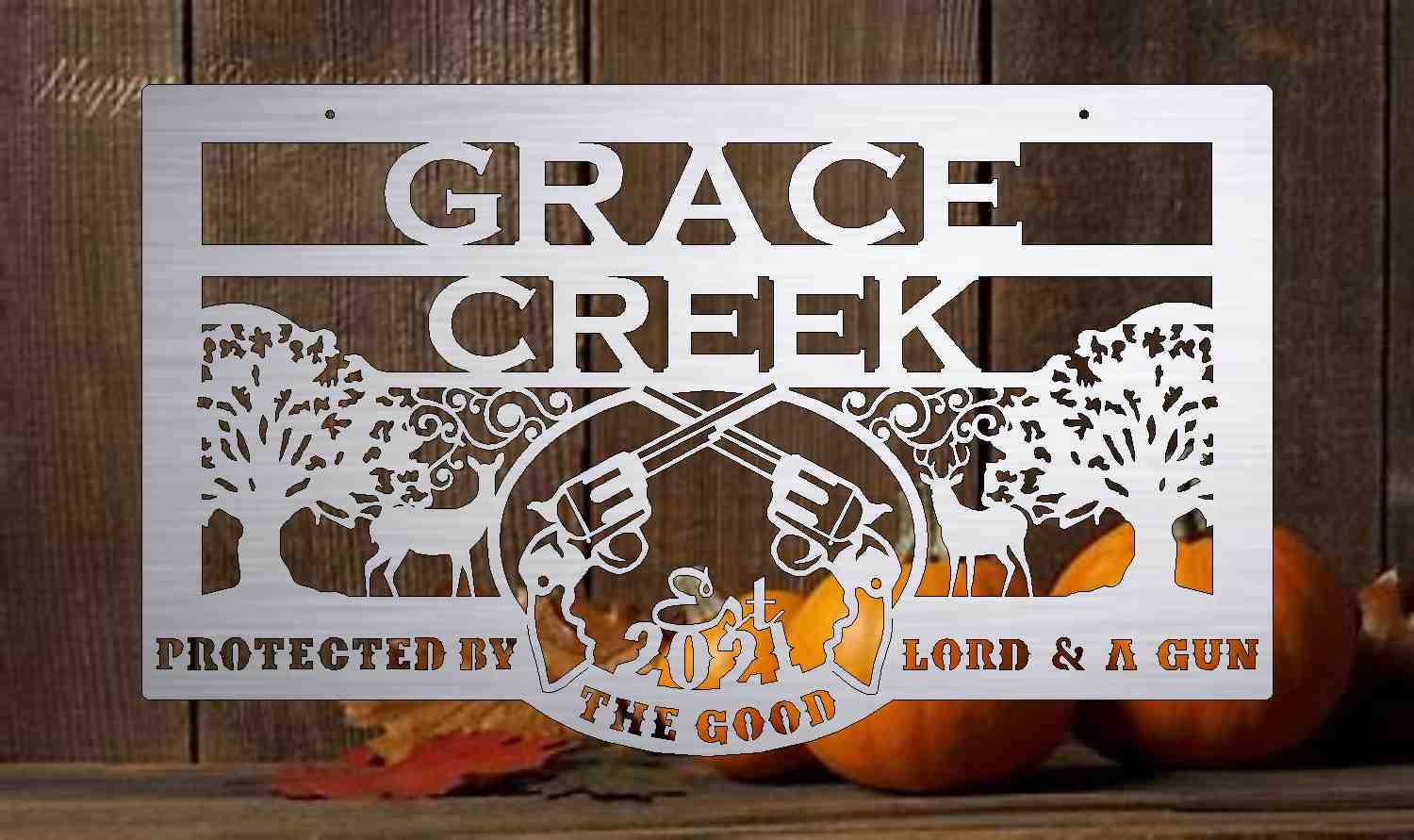 Custom Metal Sign with deer and guns customized with your name 3' wide 10ga heavy metal with exterior powder coating