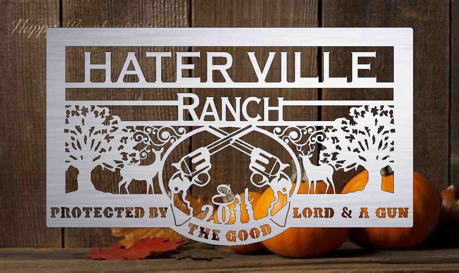 Custom Metal Sign with deer and guns customized with your name 3' wide 10ga heavy metal with exterior powder coating