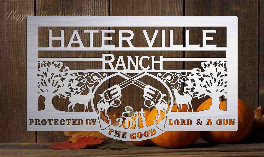 Custom Metal Sign with deer and guns customized with your name 3' wide 10ga heavy metal with exterior powder coating