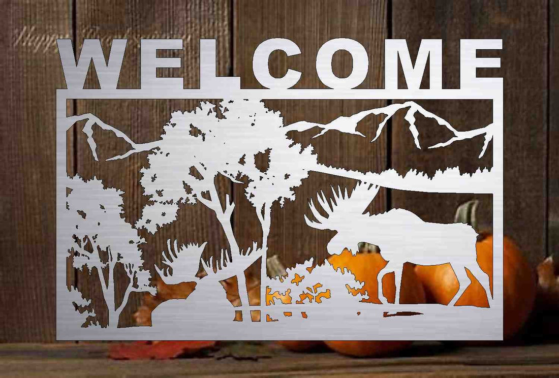 Metal Sign with WELCOME or custom with your name moose scene 36” wide heavy 10ga metal with exterior powder coating