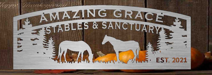 Ranch sign,large,personalized, welcome sign,custom Metal Sign with horse and trees scene customized with your name changed to fit your need