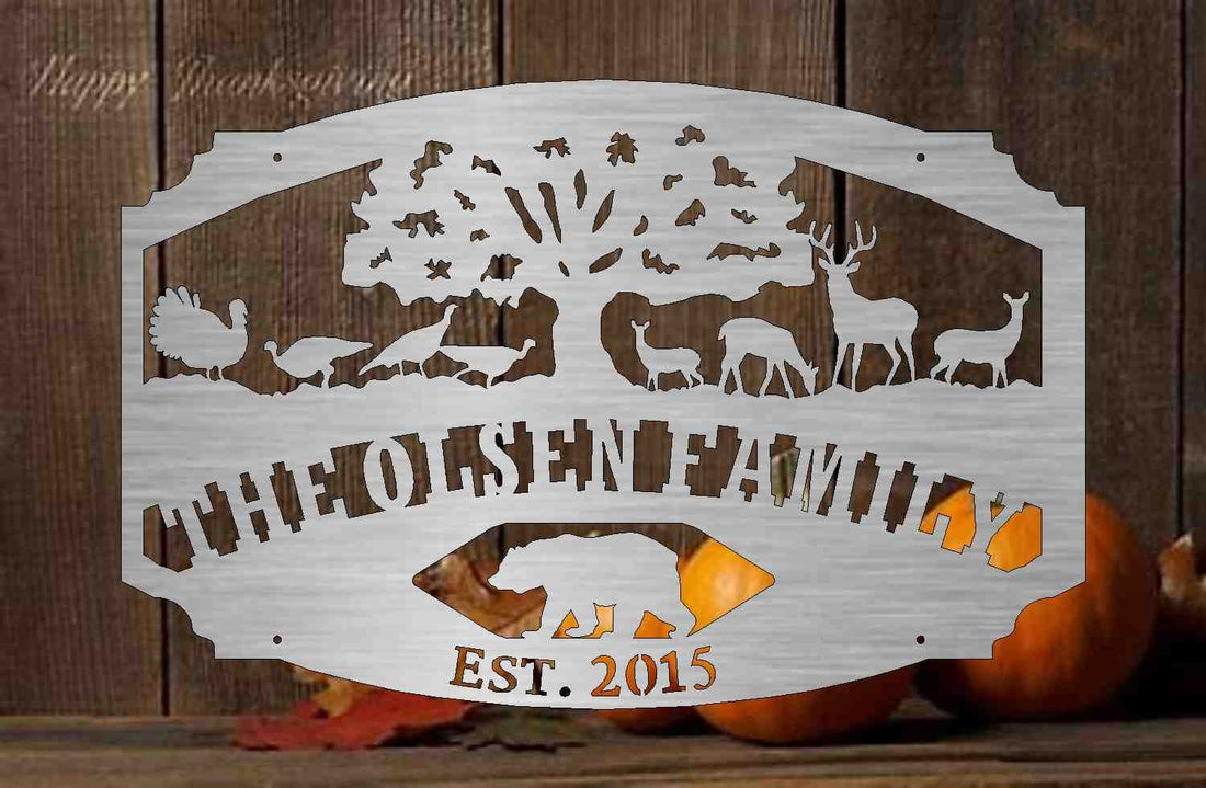 custom Metal Sign with tree, deer, turkey and scene customized with your name
