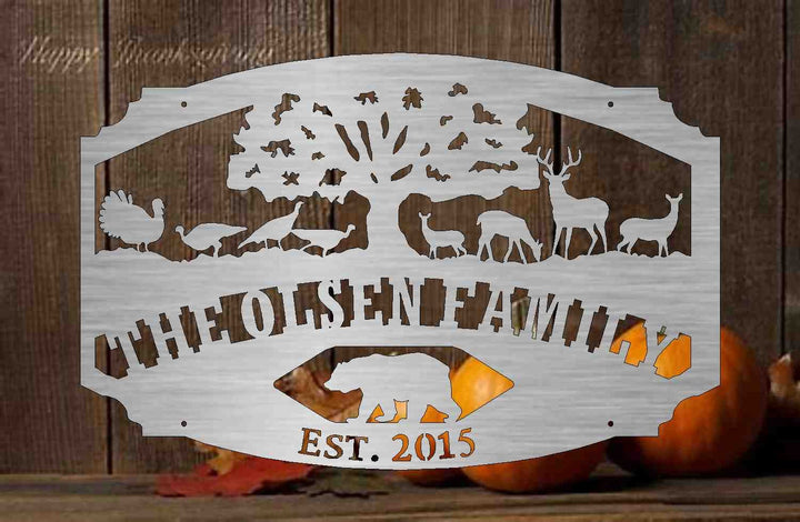 custom Metal Sign with tree, deer, turkey and scene customized with your name