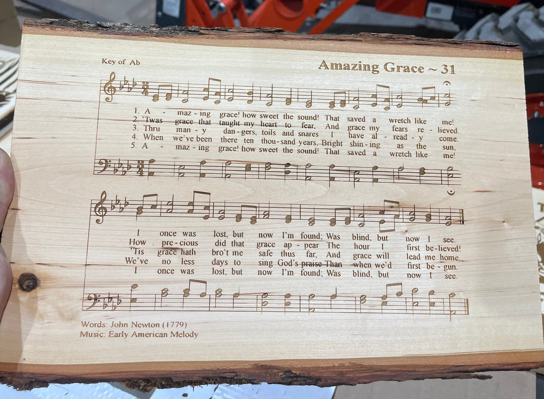 Lazer engraved wooden live edge board with your favorite hymn engraved