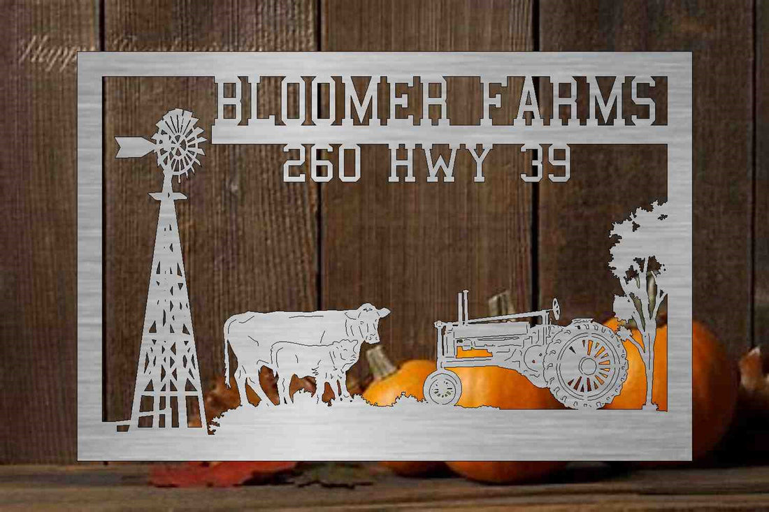 Custom Metal Sign with farm scene with windmill tractor cows calf customized with your name