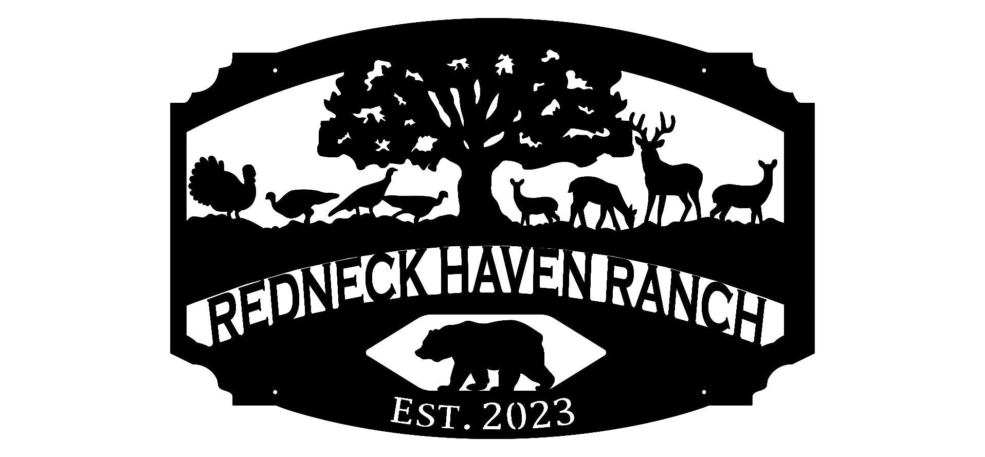 custom Metal Sign with tree, deer, turkey and scene customized with your name