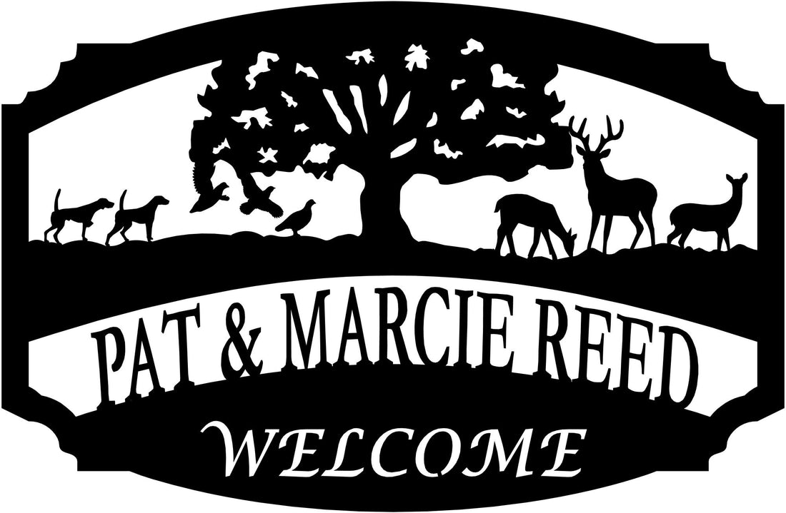 Personalized 10 Gauge Metal Welcome Sign, Custom Deer, Hunting Dogs & Oak Tree Yard Sign, Outdoor Ranch Cabin Farm Decor