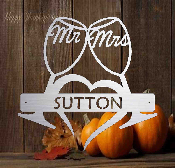 MR and MRS wine glasses Monogram Sign - Personalized Metal Sign -  Home Decor - Monogram Gifts - Patio Decor - mr & mrs Art , Door Monogram,