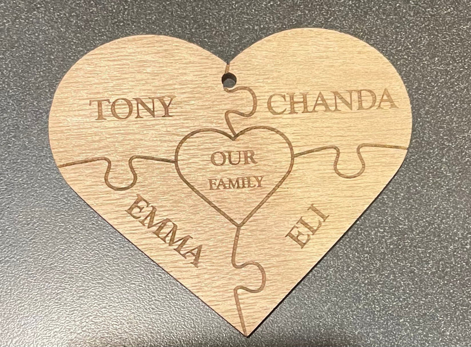 Heart puzzle Christmas ornament customized with your names up to 8 names with you own message in the center