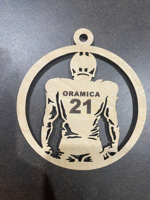 Football player Christmas ornament customized with your name and #