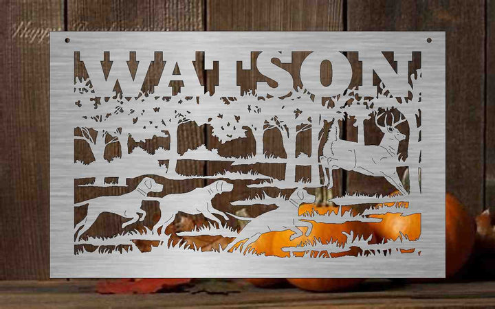 custom Metal Sign with Deer and hunting dogs scene  customized with your name