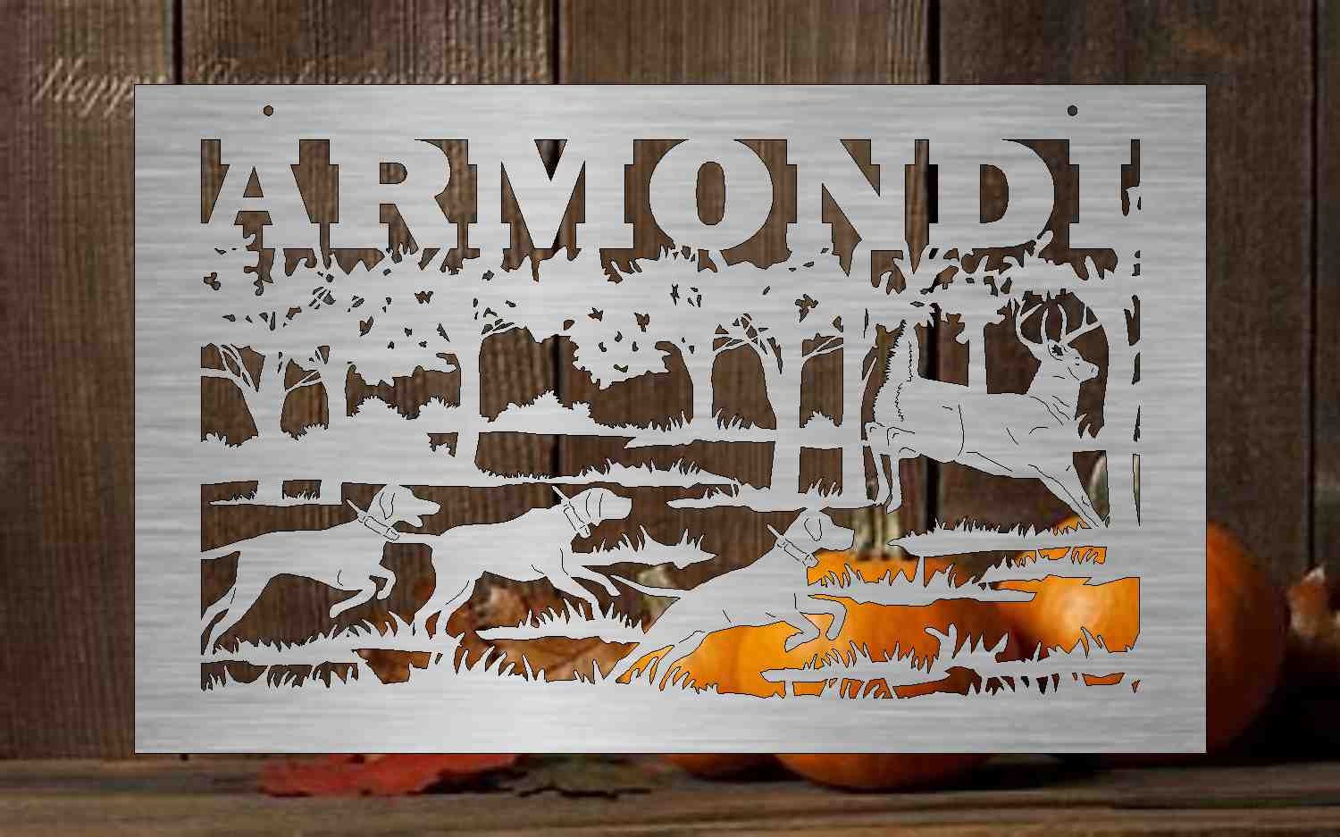 custom Metal Sign with Deer and hunting dogs scene  customized with your name