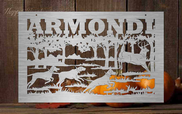 custom Metal Sign with Deer and hunting dogs scene  customized with your name