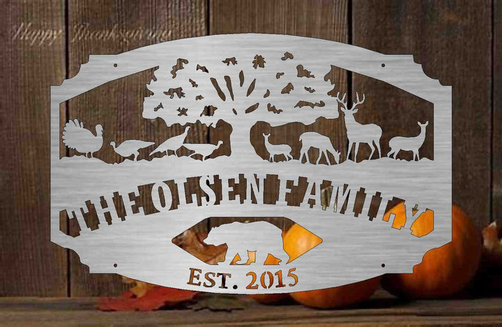 custom Metal Sign with tree, deer, turkey and  scene  customized with your name