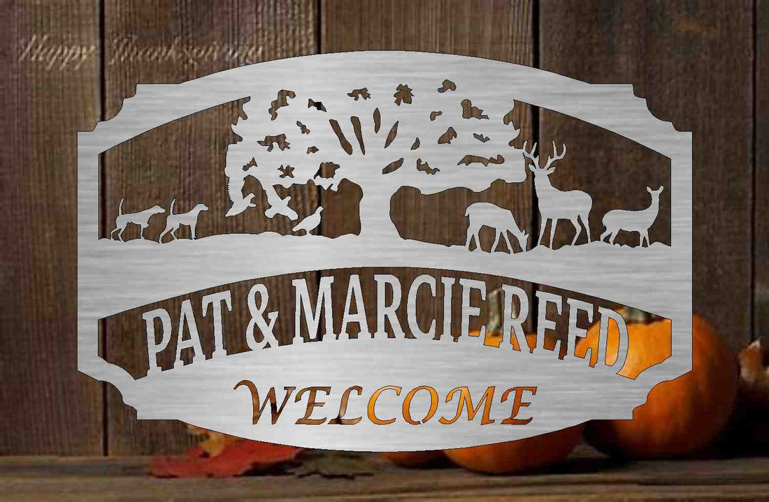 Ranch sign,farm sign, personalized sign,deer,dogs,welcome,custom Metal Sign with tree, deer, phesants and  scene  customized with your name.