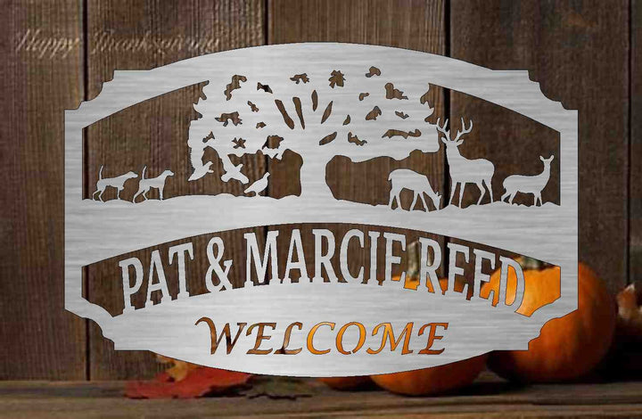 Ranch sign,farm sign, personalized sign,deer,dogs,welcome,custom Metal Sign with tree, deer, phesants and  scene  customized with your name.
